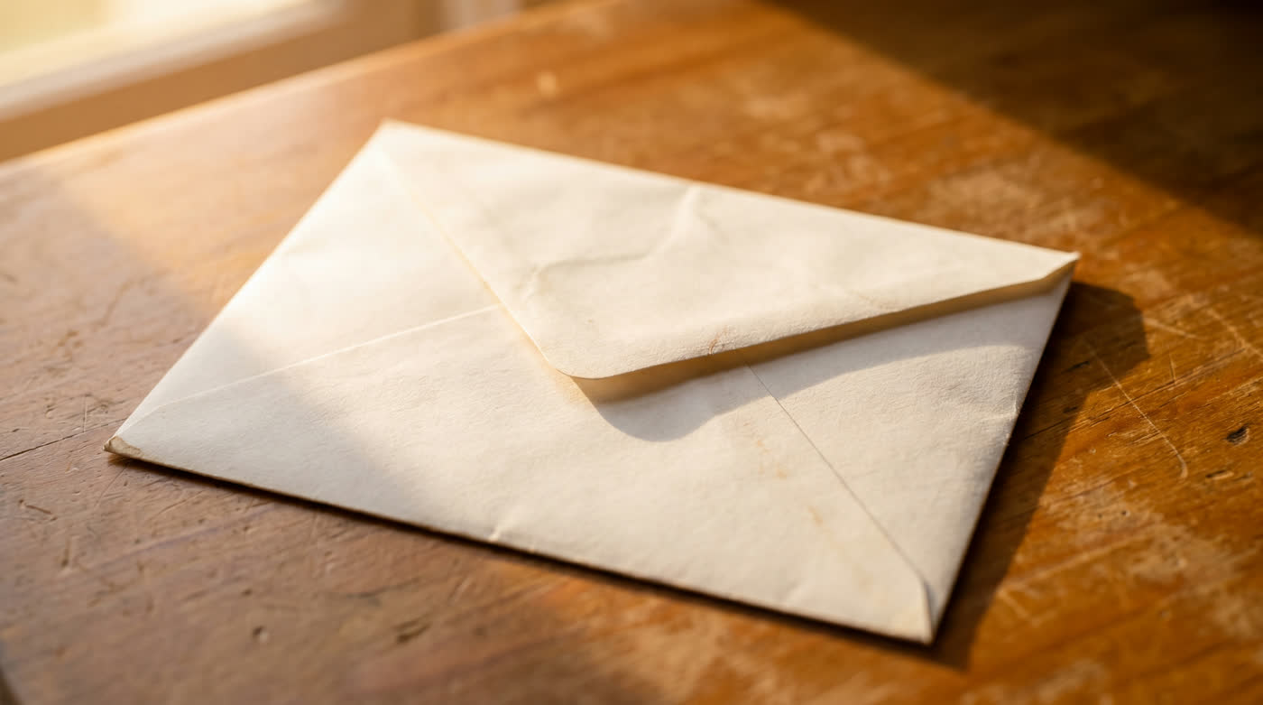 A sealed cream-colored envelope resting on a wooden table in warm window light, just delivered