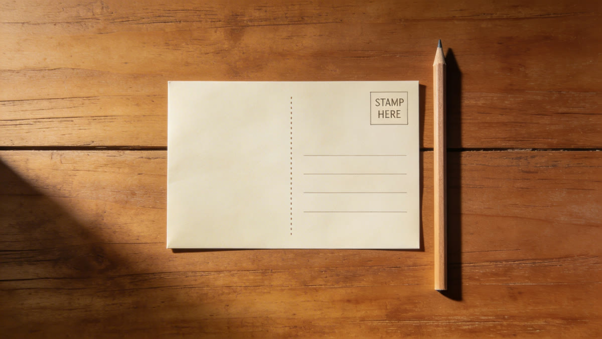 A vintage-style reply postcard included with each letter